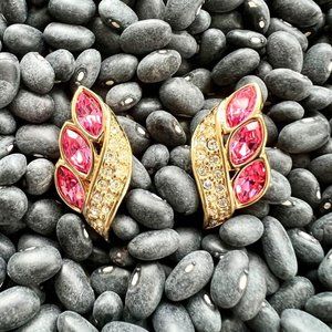 Vintage Swarovski Pink and White Crystal Gold Plated Earrings